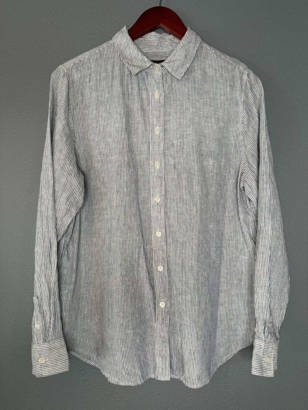 Quince 100% European Linen Blue Pinstripe Button Up Shirt Women's Large